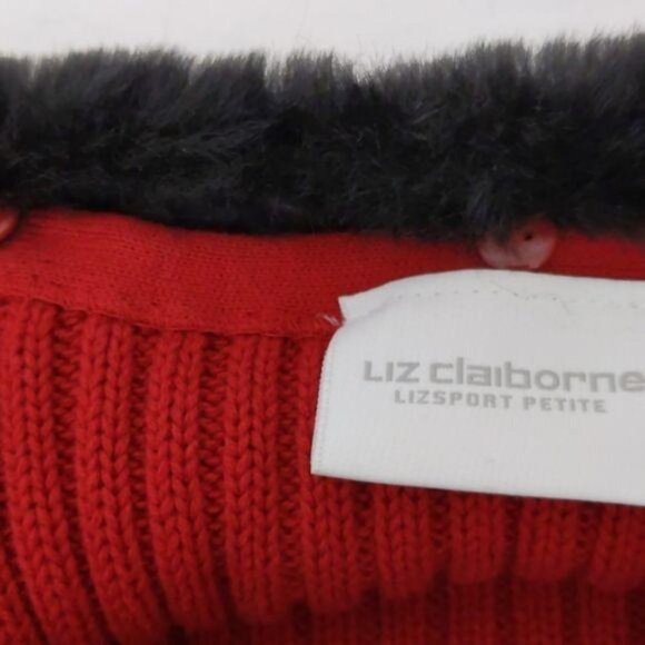 Liz Claiborne Womens Sweater Cardigan Red full zip long sleeve w/black collar PS - Picture 10 of 10
